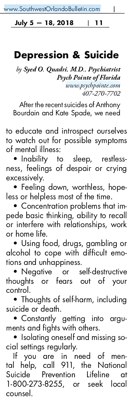 Article about depression and suicide awareness.