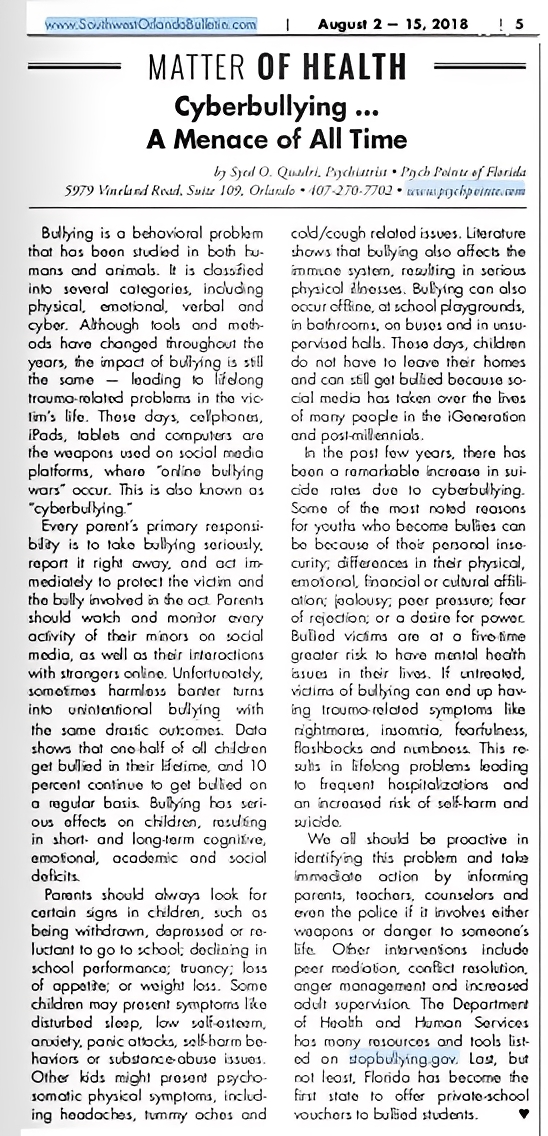 Newspaper article about cyberbullying and health.