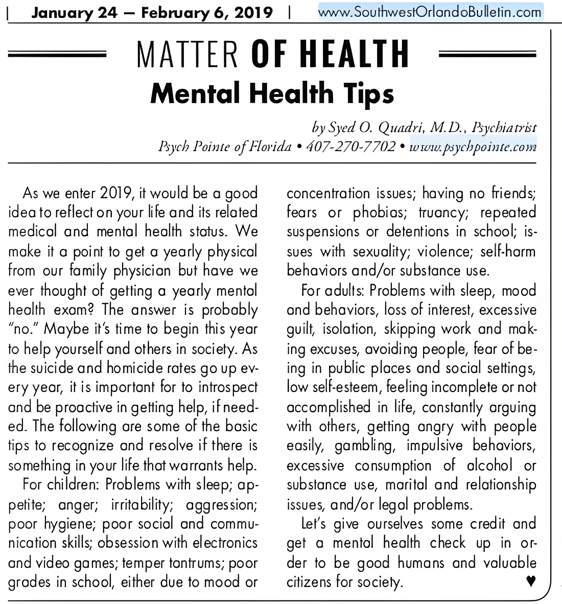 Mental health tips article from 2019.