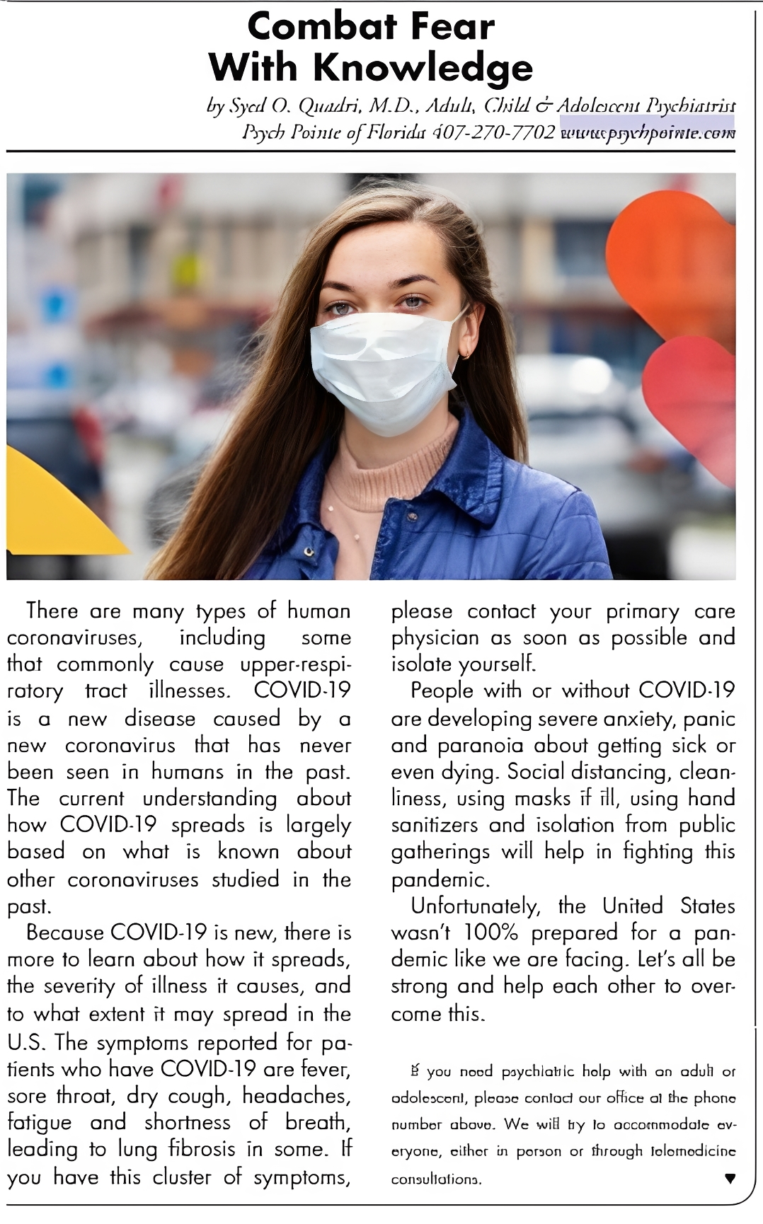 Woman wearing mask in informational pamphlet.