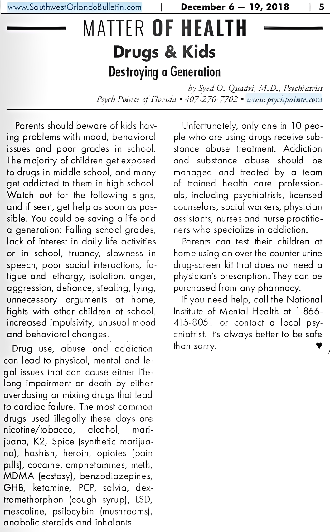 Article about drugs affecting children's health.